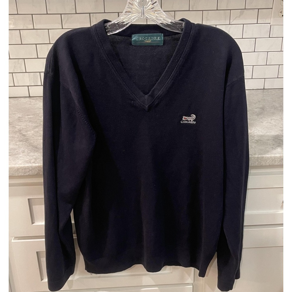 Crocodile Sweater Mens Large Navy V Neck Pullover Knit Logo Classic Casual